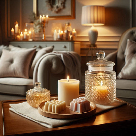 A luxurious candle and wax melt setup in a cosy, elegant home setting, with soft lighting and a focus on clean, safe, and eco-friendly ambiance.