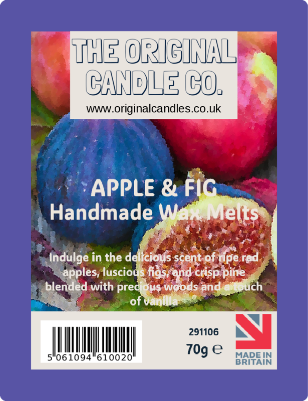 Label for Apple & Fig handmade wax melts from The Original Candle Co. with images of apples and figs on a purple background.