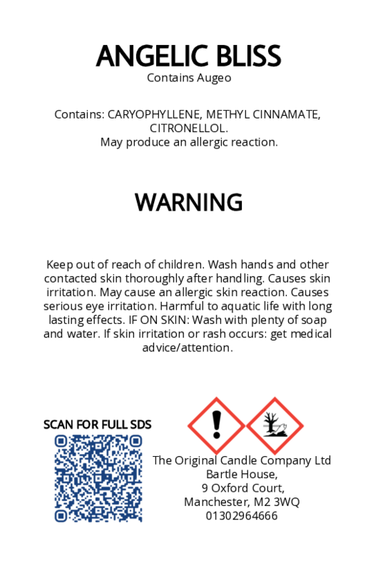 The Original Candle Company’s CLP label for Angelic Bliss hand-blended mist and car fragrance diffuser, formulated with Augeo, displaying essential safety and regulatory information in compliance with UK fragrance standards.