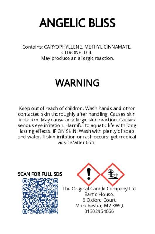 The Original Candle Company’s CLP label for Angelic Bliss hand-blended scented candle tin, displaying essential safety and regulatory information in compliance with UK fragrance standards.