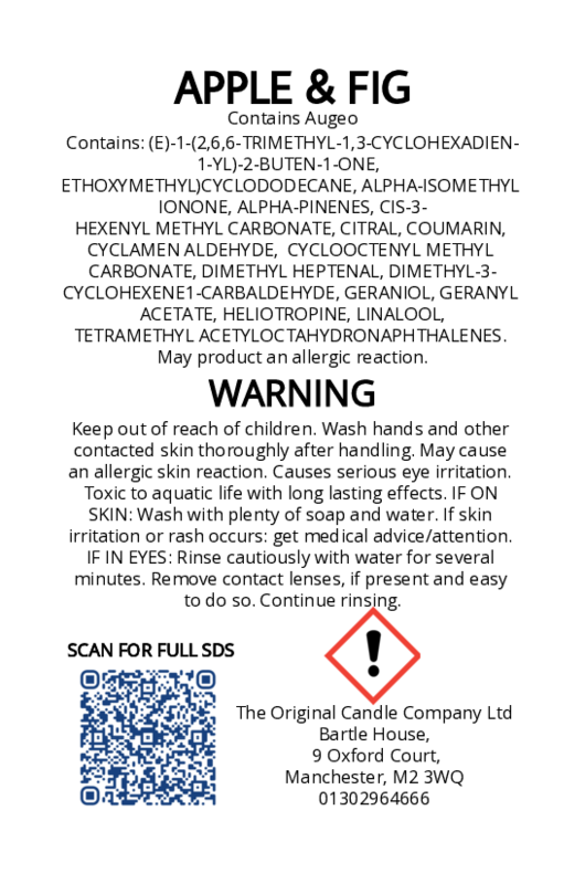 The Original Candle Company’s CLP label for Apple & Fig hand-blended mist and car fragrance diffuser, formulated with Augeo, displaying essential safety and regulatory information in compliance with UK fragrance standards.