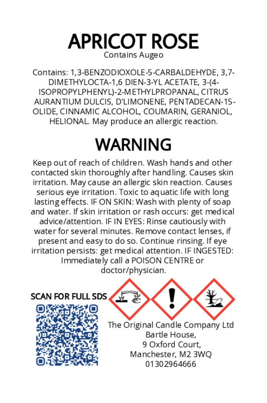 The Original Candle Company’s CLP label for Apricot Rose hand-blended mist and car fragrance diffuser, formulated with Augeo, displaying essential safety and regulatory information in compliance with UK fragrance standards.