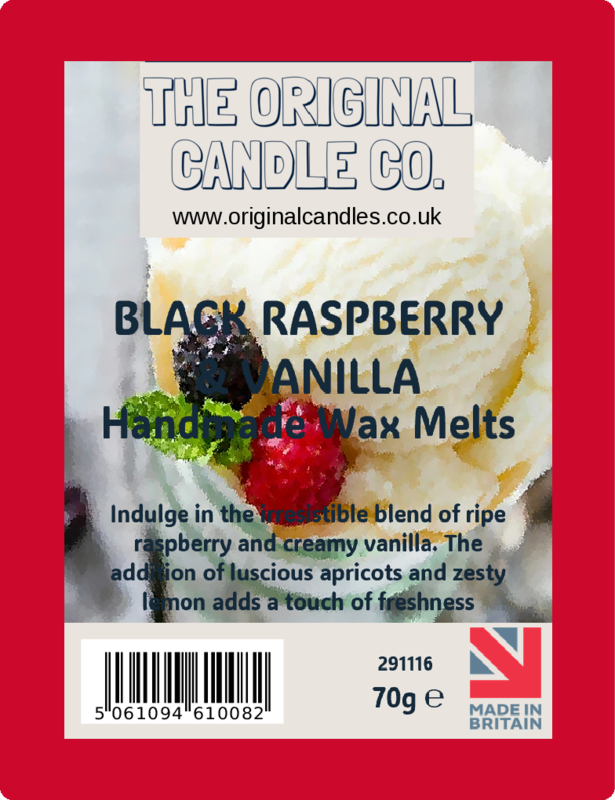 Label for Black Raspberry & Vanilla handmade wax melts from The Original Candle Co. with product details and branding.
