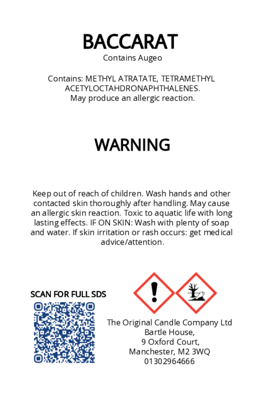 The Original Candle Company’s CLP label for Baccarat hand-blended mist and car fragrance diffuser, formulated with Augeo, displaying essential safety and regulatory information in compliance with UK fragrance standards.