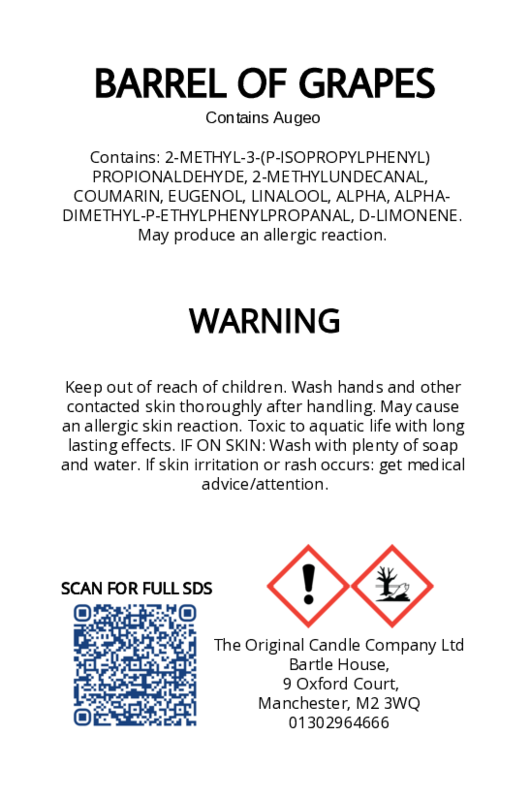 The Original Candle Company’s CLP label for Barrel of Grapes hand-blended room mist spray, displaying essential safety and regulatory information in compliance with UK fragrance standards.