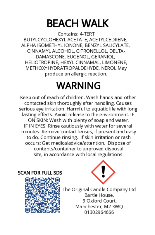 Product label with text, warning, and QR code on a white background for Beach Walk wax melts from The Original Candle Company