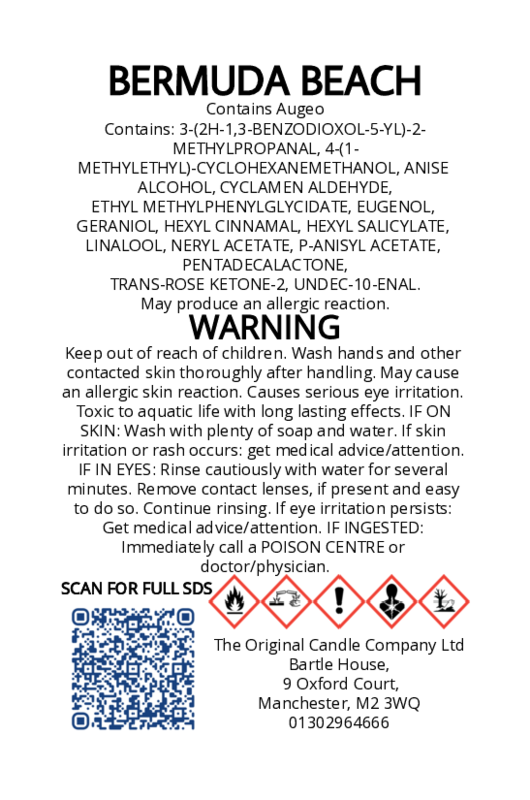 The Original Candle Company’s CLP label for Bermuda Beach hand-blended mist and car fragrance diffuser, formulated with Augeo, displaying essential safety and regulatory information in compliance with UK fragrance standards.