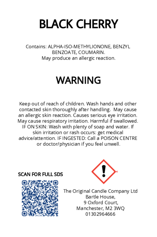 The Original Candle Company’s CLP label for Black Cherry hand-blended wax melts and candle, displaying essential safety and regulatory information in compliance with UK fragrance standards.