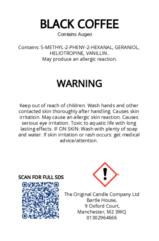 The Original Candle Company’s CLP label for Black Coffee hand-blended mist and car fragrance diffuser, formulated with Augeo, displaying essential safety and regulatory information in compliance with UK fragrance standards.