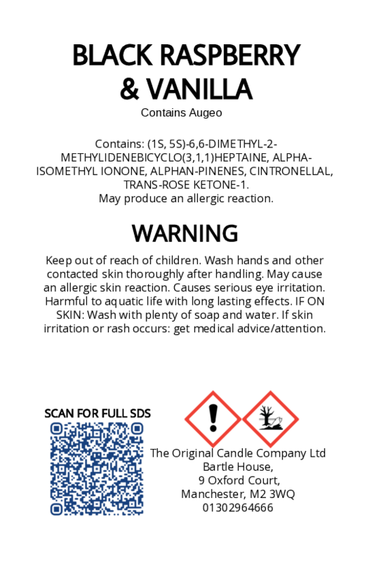 The Original Candle Company’s CLP label for Black Raspberry & Vanilla hand-blended mist and car fragrance diffuser, formulated with Augeo, displaying essential safety and regulatory information in compliance with UK fragrance standards.