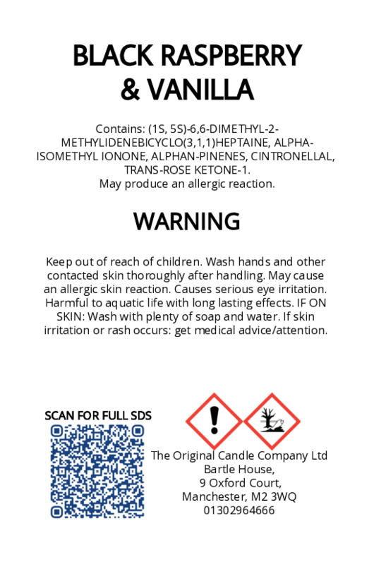 The Original Candle Company’s CLP label for Black Raspberry & Vanilla hand-blended wax melts and candle, displaying essential safety and regulatory information in compliance with UK fragrance standards.