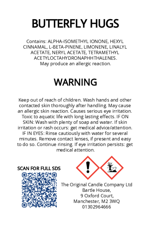 The Original Candle Company’s CLP label for Butterfly Hugs hand-blended wax melts and candle, displaying essential safety and regulatory information in compliance with UK fragrance standards.