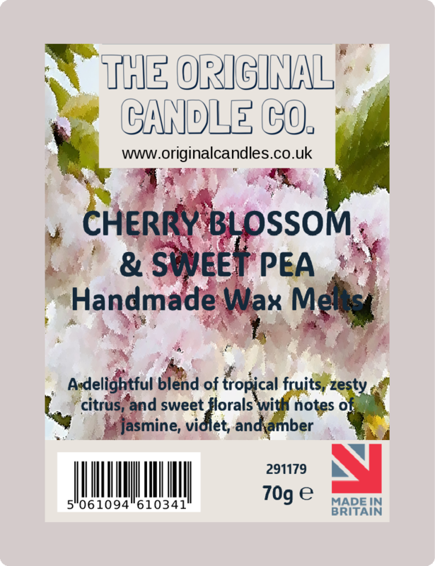 Label for Cherry Blossom & Sweet Pea handmade wax melts from The Original Candle Co.