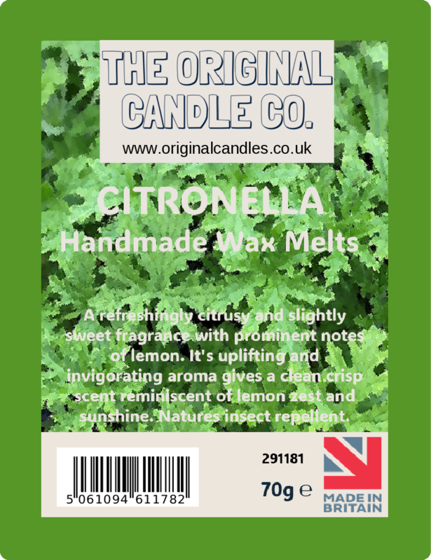 Citronella handmade wax melts packaging with green leaf design and branding details.