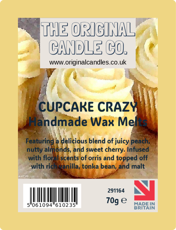 Packaging of 'Cupcake Crazy' handmade wax melts from The Original Candle Co. with images of cupcakes on a yellow background.