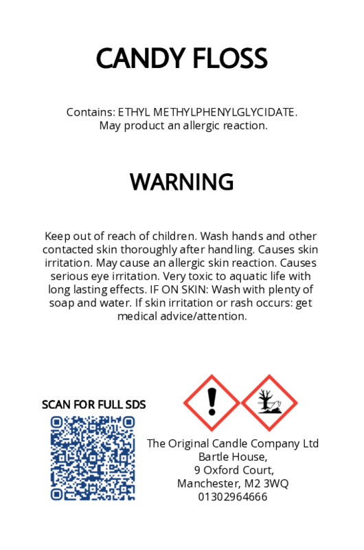 The Original Candle Company’s CLP label for Candy Floss hand-blended wax melts and candle, displaying essential safety and regulatory information in compliance with UK fragrance standards.
