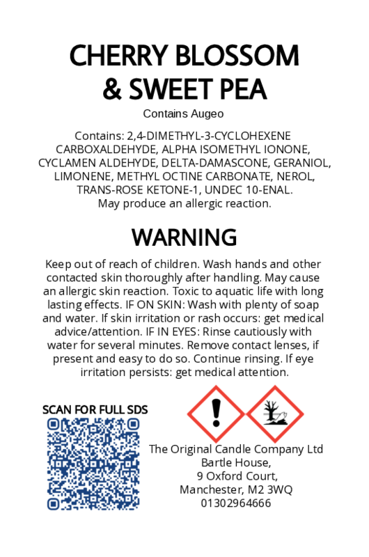 The Original Candle Company’s CLP label for Cherry Blossom hand-blended mist and car fragrance diffuser, formulated with Augeo, displaying essential safety and regulatory information in compliance with UK fragrance standards.