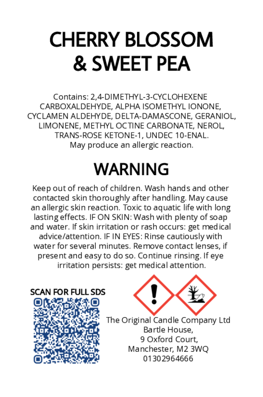 The Original Candle Company’s CLP label for Cherry Blossom & Sweet Pea hand-blended wax melts and candle, displaying essential safety and regulatory information in compliance with UK fragrance standards.