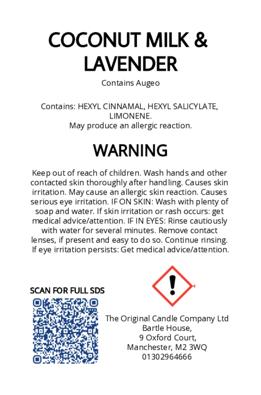 The Original Candle Company’s CLP label for Coconut & Lavender hand-blended mist and car fragrance diffuser, formulated with Augeo, displaying essential safety and regulatory information in compliance with UK fragrance standards.