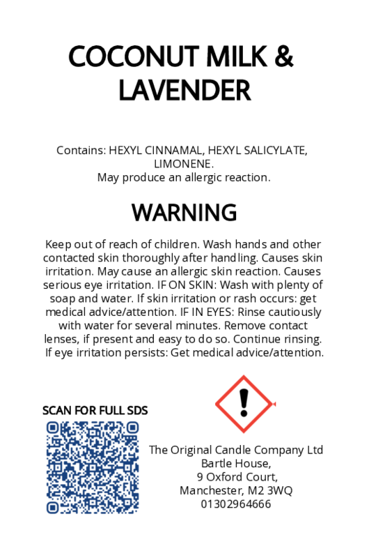 The Original Candle Company’s CLP label for Coconut Milk & Lavender hand-blended wax melts and candle, displaying essential safety and regulatory information in compliance with UK fragrance standards.