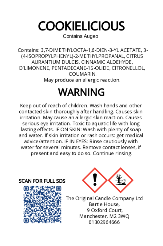 The Original Candle Company’s CLP label for Cookielicious hand-blended mist and car fragrance diffuser, formulated with Augeo, displaying essential safety and regulatory information in compliance with UK fragrance standards.