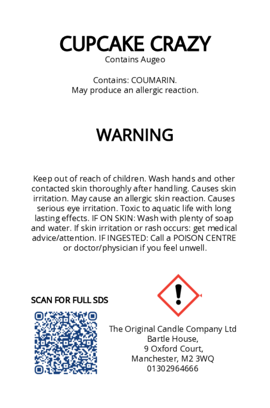 The Original Candle Company’s CLP label for Cupcake Crazy hand-blended mist and car fragrance diffuser, formulated with Augeo, displaying essential safety and regulatory information in compliance with UK fragrance standards.