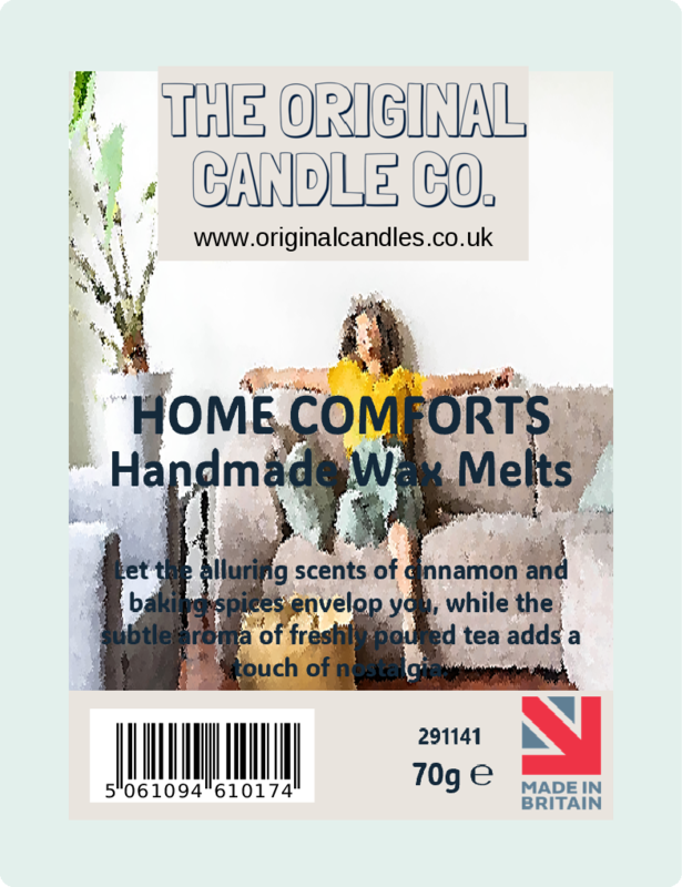 Advertisement for The Original Candle Co. home comforts wax melts with a woman sitting on a couch.