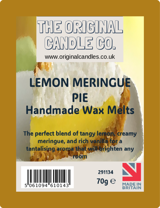 Label for Lemon Meringue Pie handmade wax melts from The Original Candle Co.