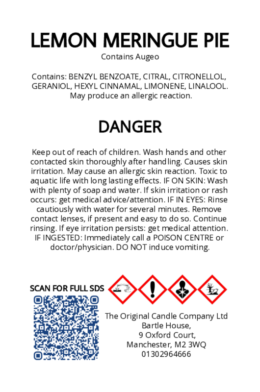 The Original Candle Company’s CLP label for Lemon Meringue hand-blended mist and car fragrance diffuser, formulated with Augeo, displaying essential safety and regulatory information in compliance with UK fragrance standards.