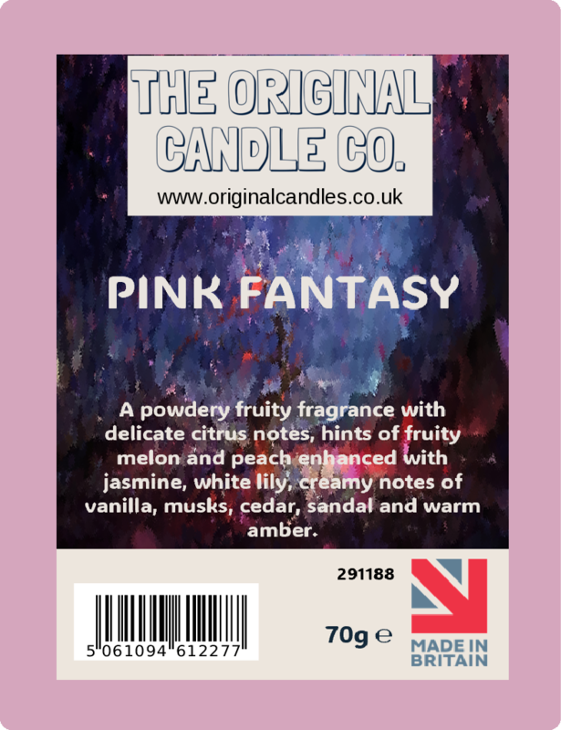 Pink Fantasy candle packaging with brand details and description