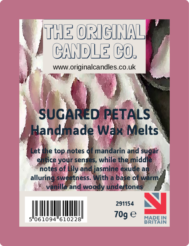 Label for Sugared Petals handmade wax melts from The Original Candle Co. with pink floral design.