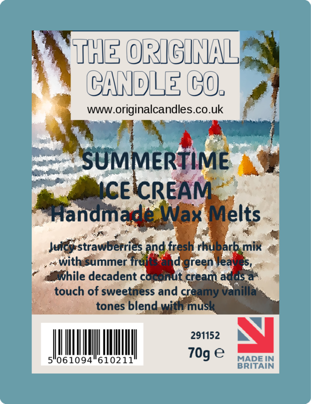 Label for Summertime Ice Cream Handmade Wax Melts by The Original Candle Co. with beach scene and ice cream cones.