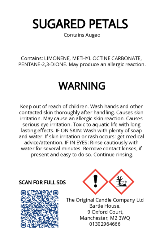 The Original Candle Company’s CLP label for Sugared Petals hand-blended mist and car fragrance diffuser, formulated with Augeo, displaying essential safety and regulatory information in compliance with UK fragrance standards.