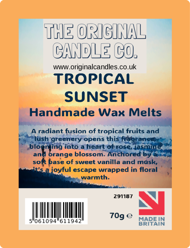 Tropical Sunset handmade wax melts packaging with sunset design and text.
