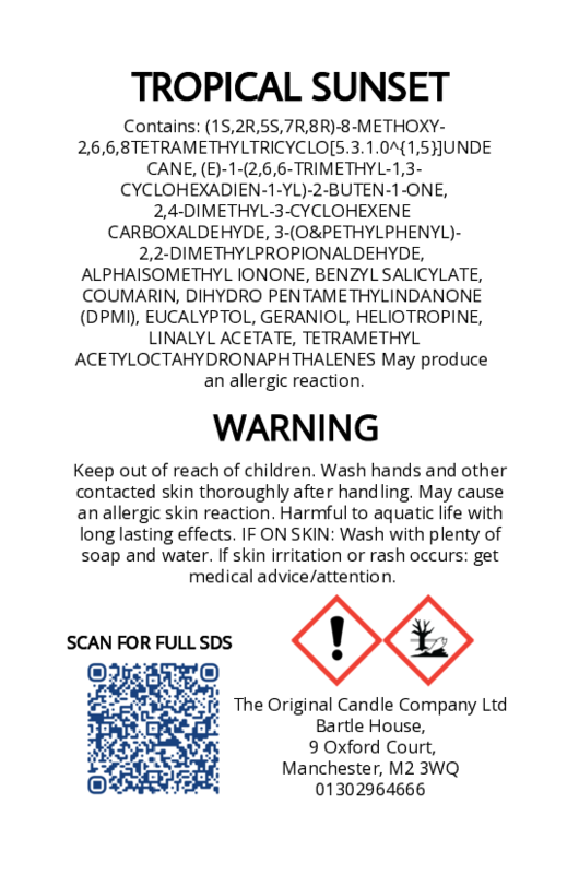 CLP label showing the product composition and QR code for the full Safety Data Sheet. The Original Candle Co.
