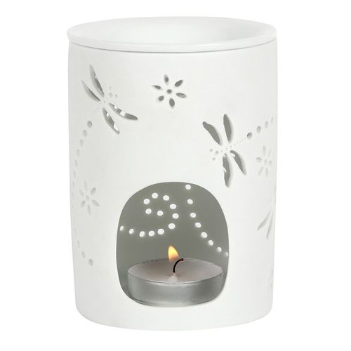 Carefully sourced by The Original Candle Co. Give your home a touch of elegance and sophistication with this white ceramic dragonfly cutout oil burner with an unglazed finish. Featuring a smooth designed bowl for ease of cleaning and wax removal. This image shows the back of the burner were the tealight will go.