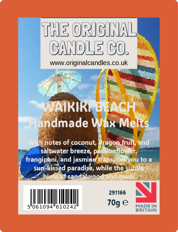 Waikiki Beach handmade wax melts packaging with 'The Original Candle Co.' branding.