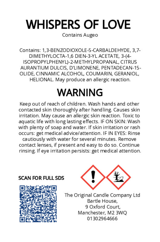 The Original Candle Company’s CLP label for Whispers of Love hand-blended mist and car fragrance diffuser, formulated with Augeo, displaying essential safety and regulatory information in compliance with UK fragrance standards.