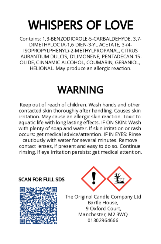 The Original Candle Company’s CLP label for Whispers of Love hand-blended wax melts and candle, displaying essential safety and regulatory information in compliance with UK fragrance standards.