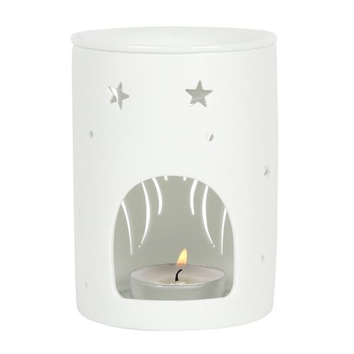 This white ceramic oil burner and wax warmer features cutout angel wings in a cute, contemporary design. Place fragrance oil or wax melts into the built-in dish with a standard tealight inside to fill the home with calming fragrance. Image shows the tealight cut-out at hte rear of the product.