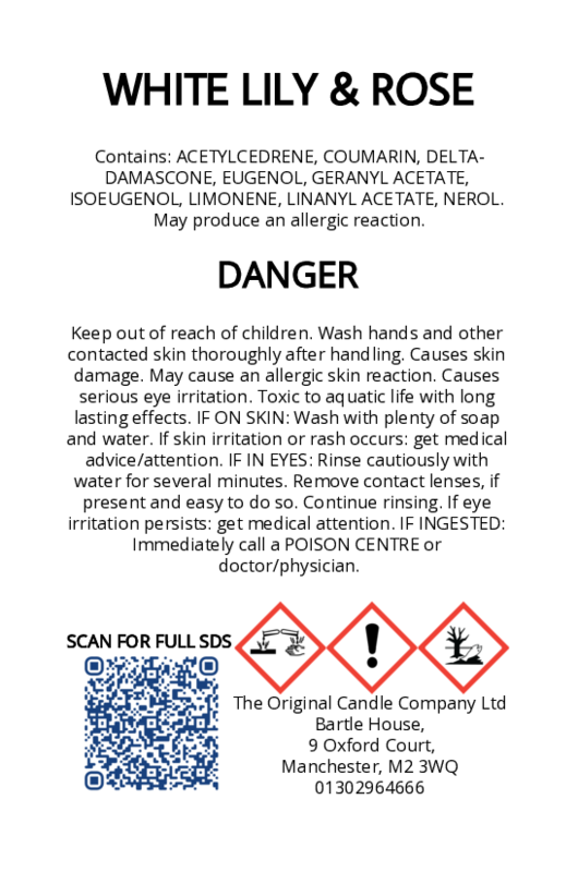 The Original Candle Company’s CLP label for White Lily & Rose hand-blended wax melts and candle, displaying essential safety and regulatory information in compliance with UK fragrance standards.