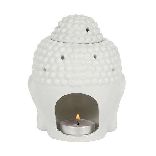 Carefully sourced by The Original Candle Co. The perfect addition to a calm and serene space, this white buddha head oil burner has matt finish and intricate detail. Compatible with both fragrance oil and wax melts, the melt bowl sits under the removable top which can be replaced whilst the burner is not in use. This image despicts where the tealight will go on the rear of the burner.