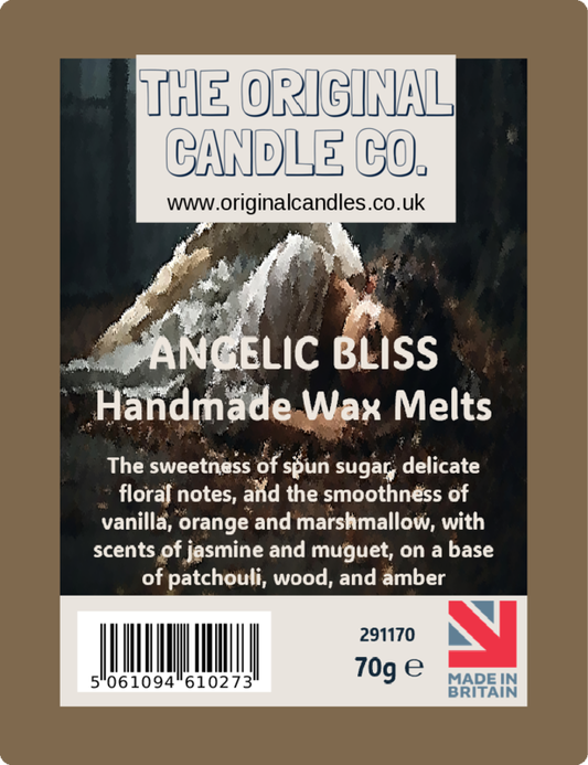Label for Angelic Bliss handmade wax melts from The Original Candle Co. with product description and branding details.
