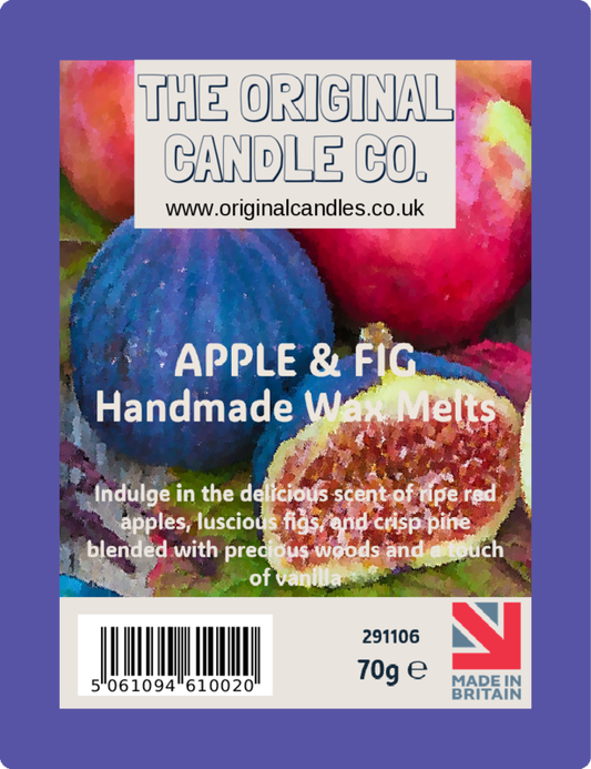 Label for Apple & Fig handmade wax melts from The Original Candle Co. with images of apples and figs on a purple background.