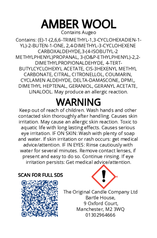 The Original Candle Company’s CLP label for Amber Wool hand-blended mist and car fragrance diffuser, formulated with Augeo, displaying essential safety and regulatory information in compliance with UK fragrance standards.