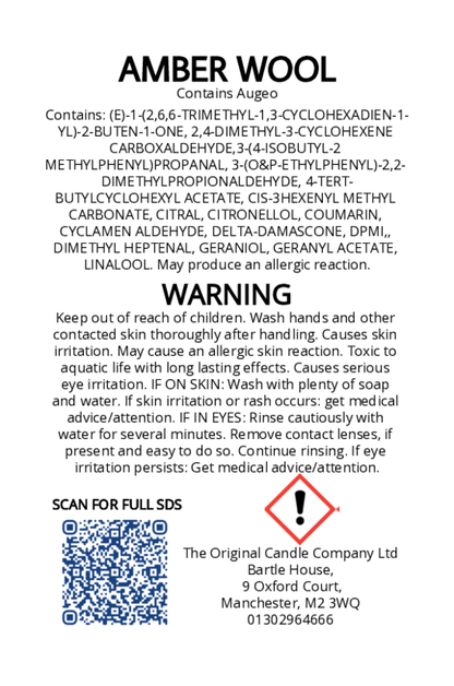 The Original Candle Company’s CLP label for Amber Wool hand-blended mist and car fragrance diffuser, formulated with Augeo, displaying essential safety and regulatory information in compliance with UK fragrance standards.