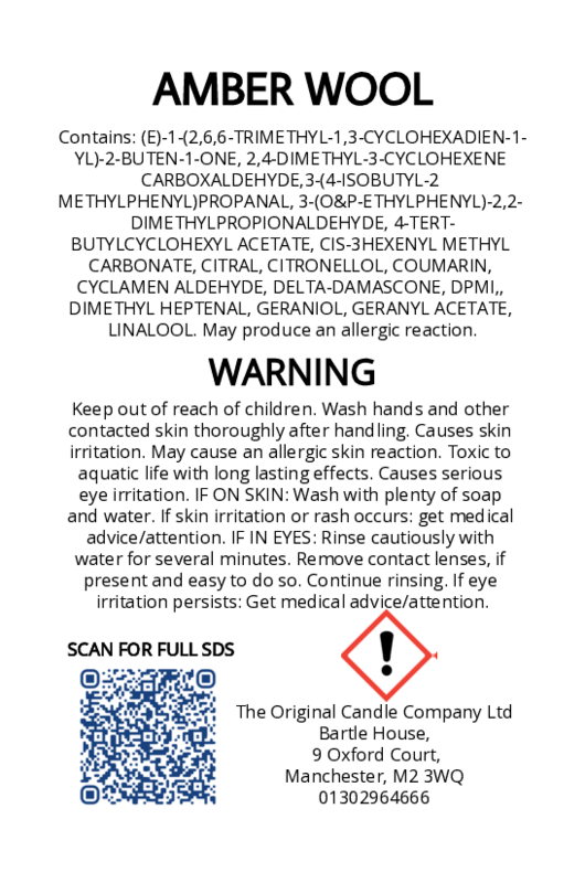 The Original Candle Company’s CLP label for Amber Wool hand-blended wax melts and candle, displaying essential safety and regulatory information in compliance with UK fragrance standards.