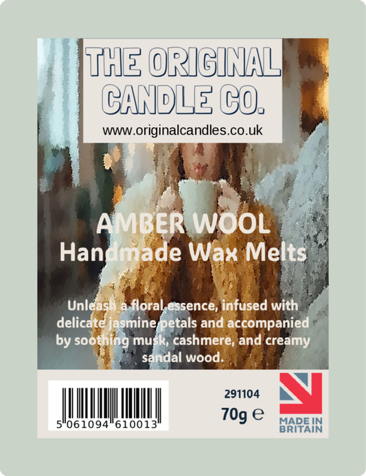 Label for 'Amber Wool' handmade wax melts from The Original Candle Co. with product description and branding details.