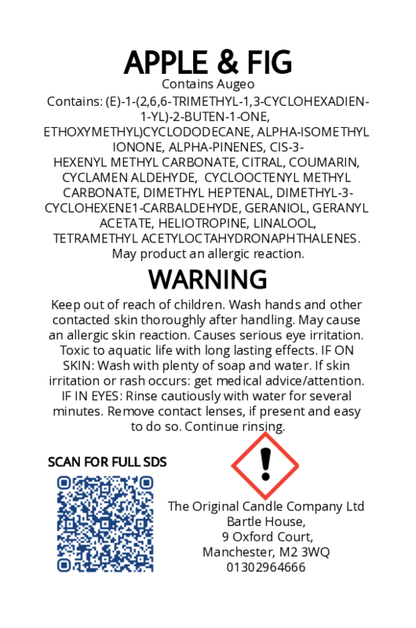 The Original Candle Company’s CLP label for Apple & Fig hand-blended mist and car fragrance diffuser, formulated with Augeo, displaying essential safety and regulatory information in compliance with UK fragrance standards.