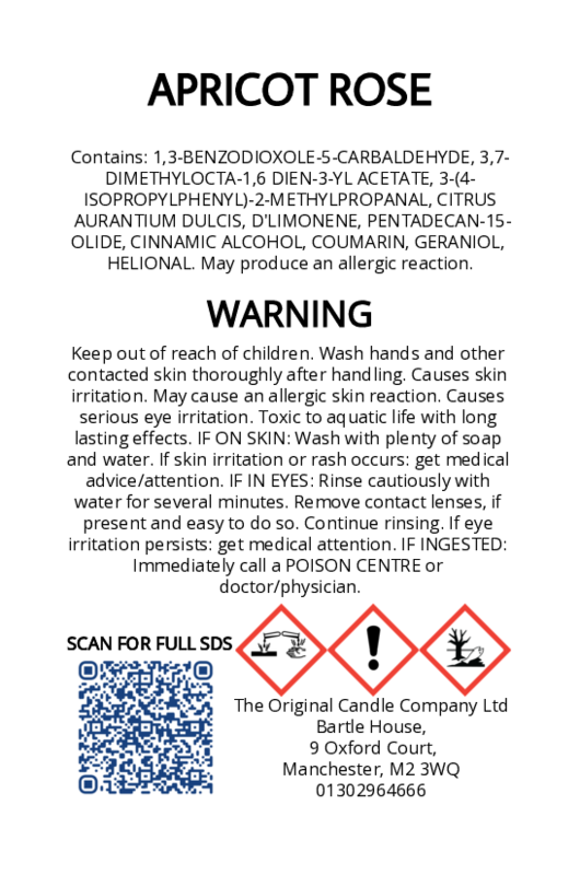 The Original Candle Company’s CLP label for Apricot Rose hand-blended wax melts and candle, displaying essential safety and regulatory information in compliance with UK fragrance standards.